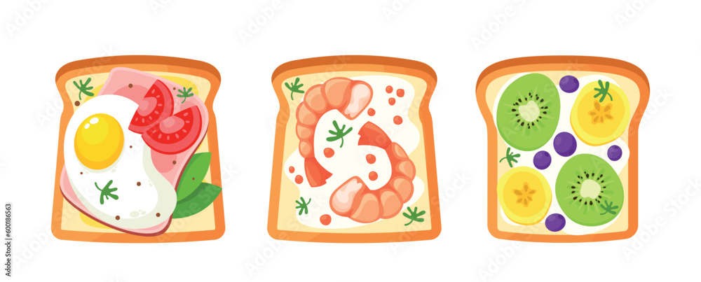 Fototapeta premium Sandwiches With Different Fillings Eggs, Shrimps, Fruits And Tomatoes, Made With Fresh Ingredients, Quick Meal, Snack