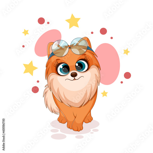 Cartoon funny dog, pomeranian spitz with glasess, cute card