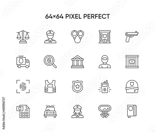 Simple Set of Law Enforcement Related Vector Line Icons. Contains such Icons as Hammer, Justice, Court, Lawyer and more.

