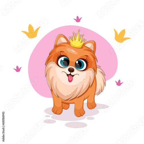 Cartoon and funny dog, little princess, pomeranian spitz with crown