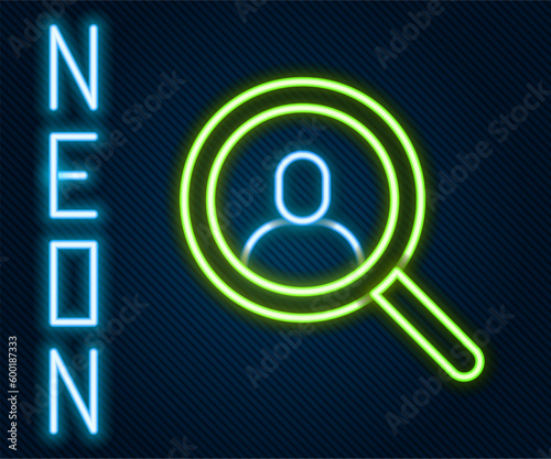 Glowing neon line Magnifying glass for search a people icon isolated on black background. Recruitment or selection concept. Search for employees and job. Colorful outline concept. Vector