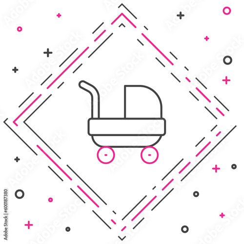 Line Baby stroller icon isolated on white background. Baby carriage, buggy, pram, stroller, wheel. Colorful outline concept. Vector