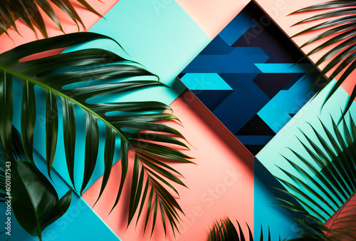 palm leaves lay across a colorful geometric background