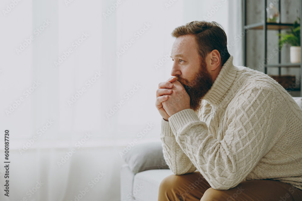 Side view young minded caucasian ginger man wearing casual clothes look aside sitting on grey sofa couch stay at home hotel flat rest relax spend free spare time in living room indoor. Lounge concept. Side view young minded caucasian ginger man wearing casual clothes look aside sitting on grey sofa couch stay at home hotel flat rest relax spend free spare time in living room indoor. Lounge concept.
