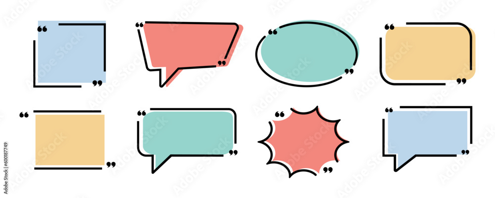 Set with quote box frame in abstract style. Vector texting quote boxes. Bubble banners with quotation, message and comment. Set with quote box frame in abstract style. Vector texting quote boxes. Bubble banners with quotation, message and comment.