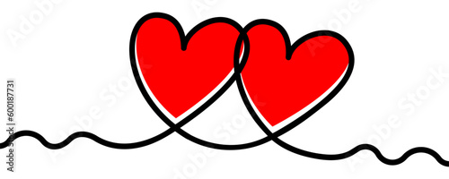 Abstract continuous line with double red hearts. Outline symbol love. Hand drawing with two heart. Vector 10 Eps.