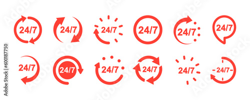 Set of red 24/7 vector icons. Always open. 24h on day service or delivery. Online support.