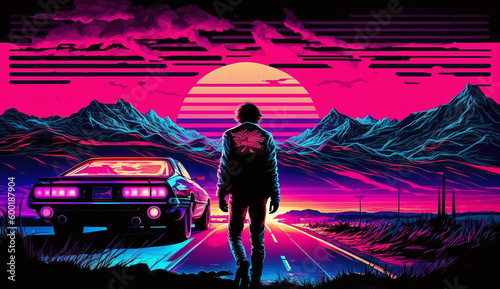 Synthwave Man standing next to retro Synthwave Car in retro Valley wallpaper, Retro Style, ai generated