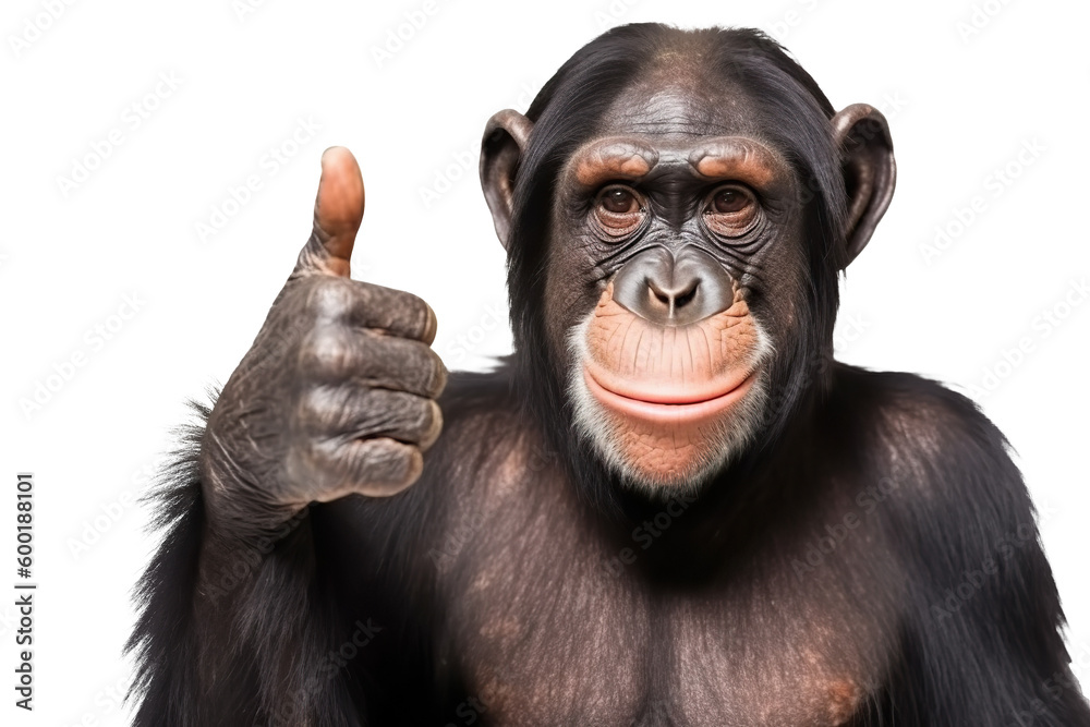 A chimpan holding a banana up to the camera created with Generative AI technology. Isolated - obrazy, fototapety, plakaty 
