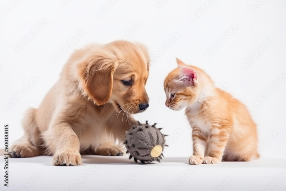A puppy and a cat playing with a toy created with Generative AI technology