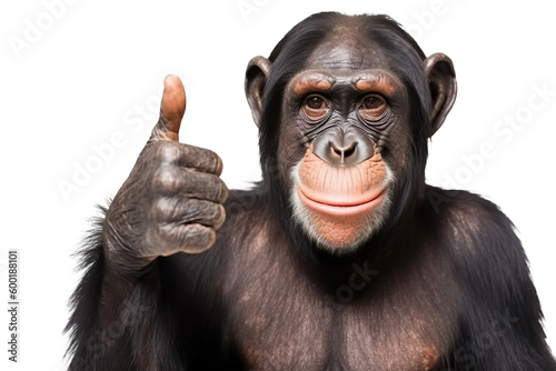 Fototapeta A chimpan holding a banana up to the camera created with Generative AI technology