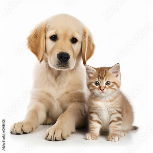 A puppy and a kitten sitting next to each other created with Generative AI technology