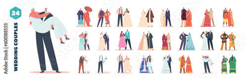 Set of Wedding Couples From Different Cultures, Dressed In Traditional Attire, Exchanging Vows And Celebrating Union