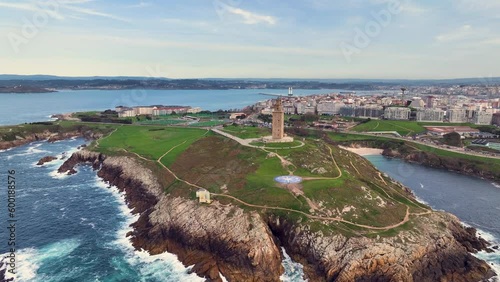 Aerial View Shot of Tower of Hercules (Torre de Hercules) lighthouse located in the city of La Coruna. Galicia, Spain photo