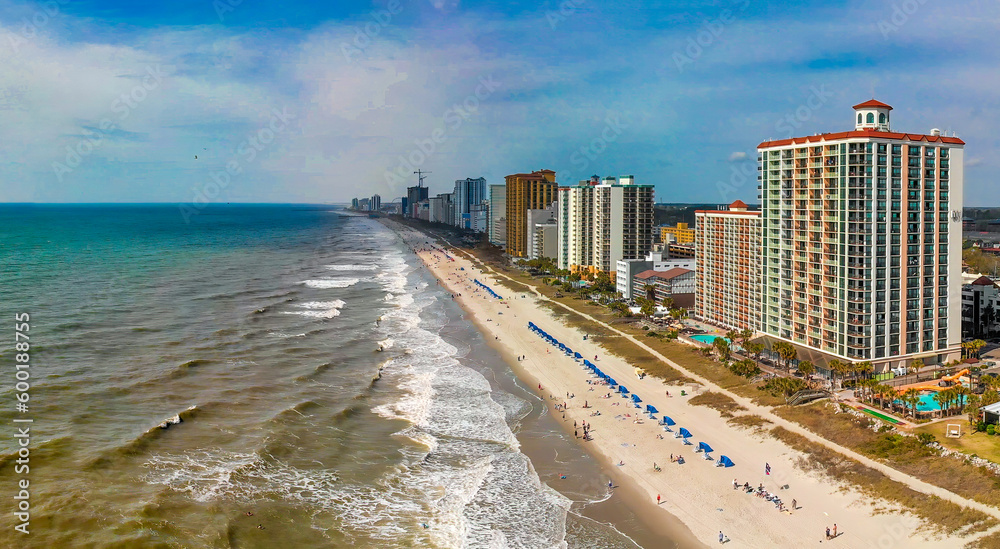 Myrtle Beach from drone, South Carolina. City and beach view at dusk