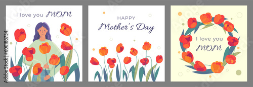 Mother's Day greeting cards with tulips. I love you Mom card. Set of background with vector tulips. Vector elements of a red flower.