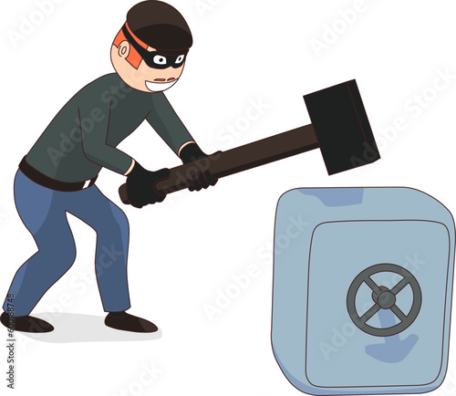 Cartoon safecracker holds a sledgehammer in his hands. The thief is trying to crack the safe with a big hammer.