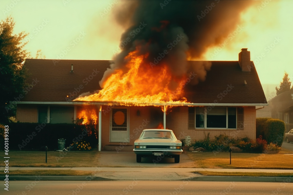 House in fire. Burning residential building in suburban area. Created with Generative AI