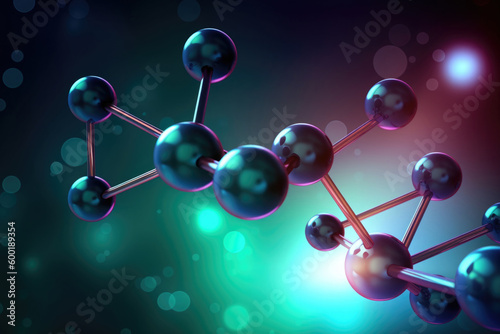 Molecular structure with connections between atoms on abstract background, macro shot. Scientific research in molecular chemistry. Created with Generative AI