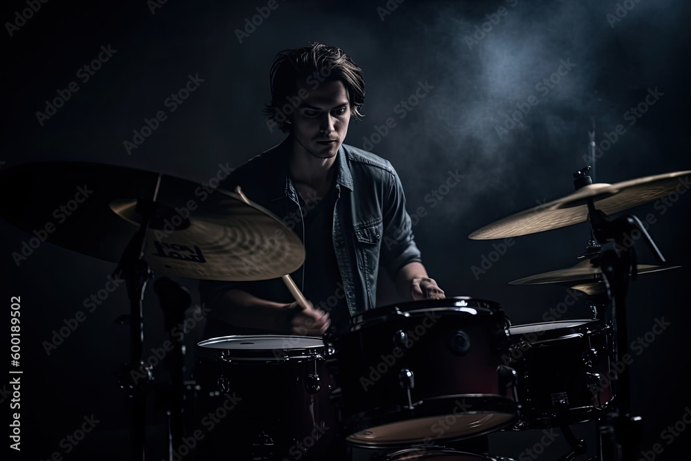 Male drammer using drum stick playing drum kit on dark background. Musician is rehearsing in studio. Created with Generative AI Male drammer using drum stick playing drum kit on dark background. Musician is rehearsing in studio. Created with Generative AI