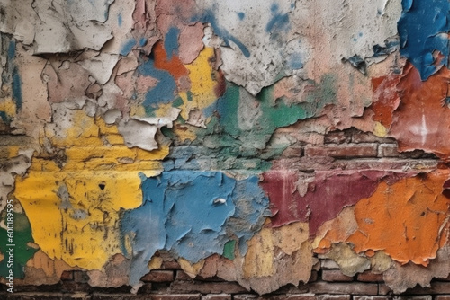Aged wall with colorful peeling pieces of paint. Abstract wallpaper background. Created with Generative AI
