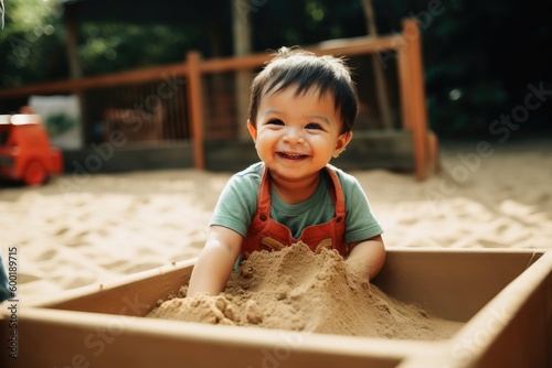 A happy small child playing in a sandbox created with generative AI technology.