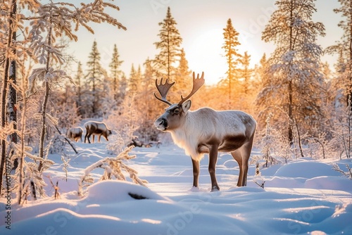 Mesmerizing Lapland Scene, Reindeer, Snow-Covered Landscape, Arctic Winter Wonderland.