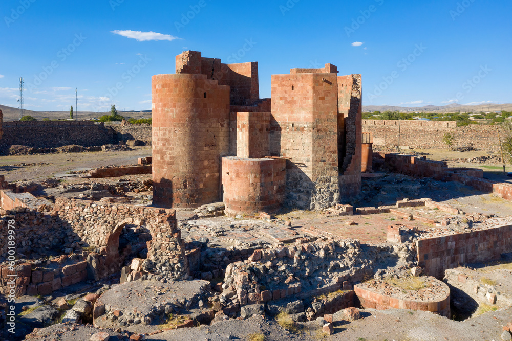 View Citadel of medieval Dashtadem Fortress on sunny summer day. Dashtadem, Aragatsotn Province, Armenia.