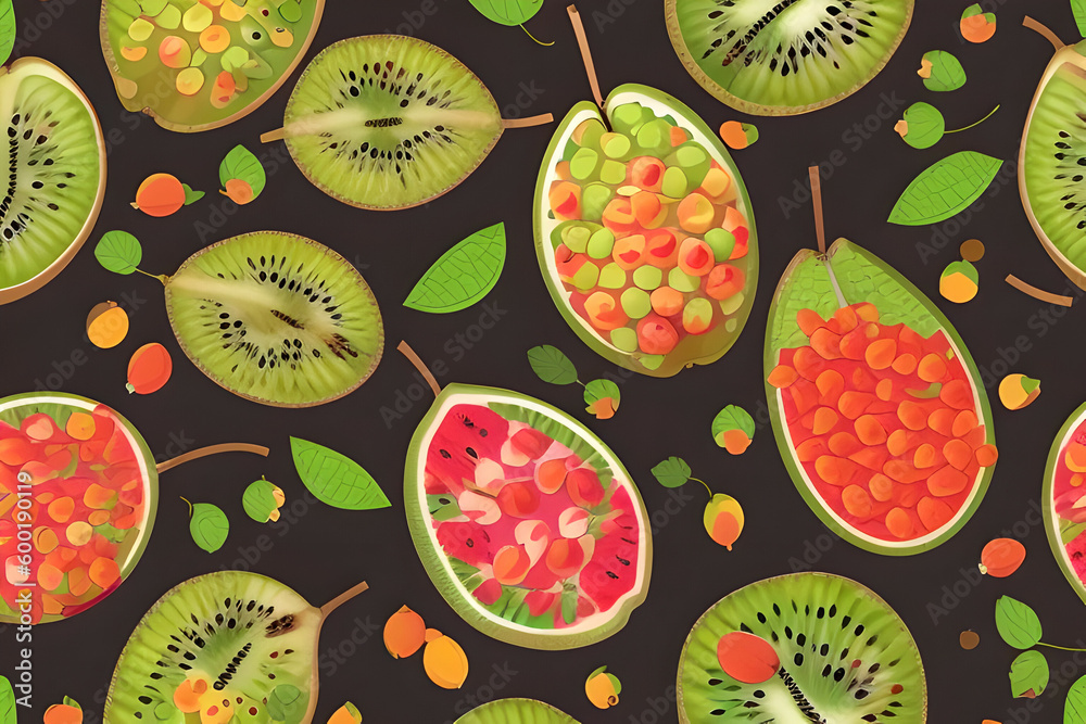 Seamless pattern with tropical fruits and green leaves
on a black background. Generative AI. Seamless pattern with tropical fruits and green leaves
on a black background. Generative AI.