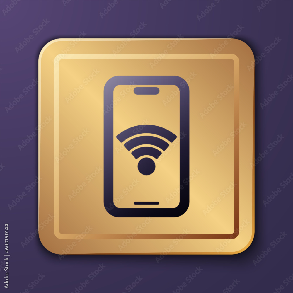 Purple Smartphone with free wi-fi wireless connection icon isolated on purple background. Wireless technology, wi-fi connection, wireless network. Gold square button. Vector Purple Smartphone with free wi-fi wireless connection icon isolated on purple background. Wireless technology, wi-fi connection, wireless network. Gold square button. Vector