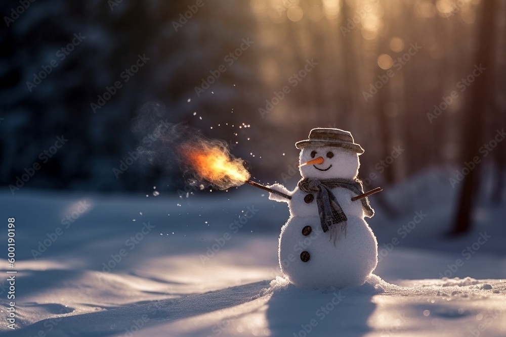 Obraz premium Mischievous Snowman, Winter Flame, Melting Snow, Delightful Scene, Generative AI