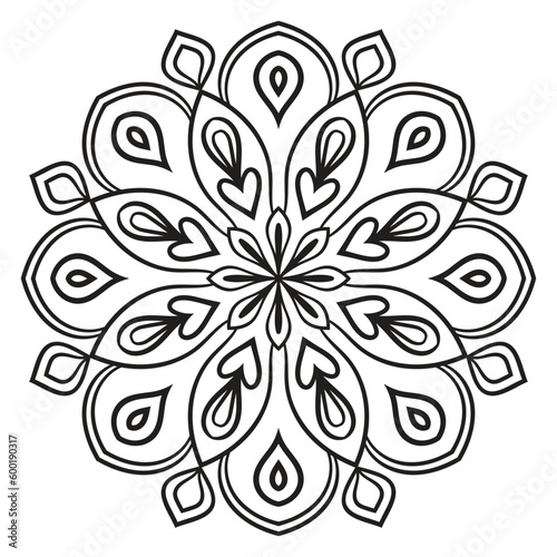 Black outline flower mandala. Doodle round decorative element for coloring book isolated on white background. Floral geometric circle.