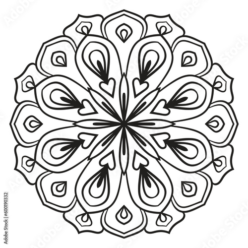 Black outline flower mandala. Doodle round decorative element for coloring book isolated on white background. Floral geometric circle.