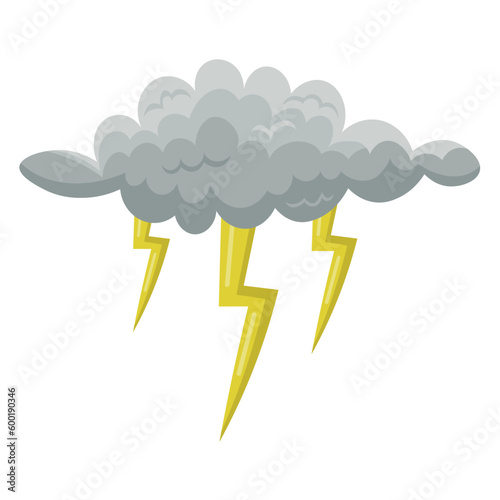 Grey clouds with lightning. Drawing of rain or thunder cloud isolated on white background. Weather, summer or autumn concept