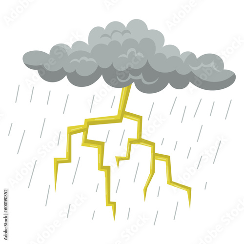 Grey cloud with rain and lightning. Drawing of rain or thunder isolated on white background. Weather, summer or autumn concept