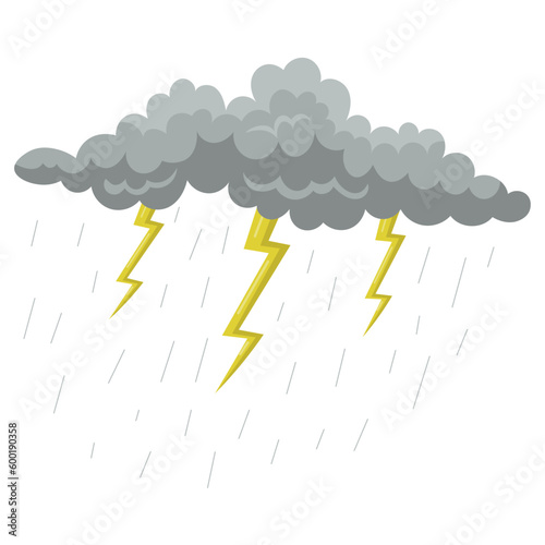 Grey cloud with rain and lightning. Drawing of rain or thunder isolated on white background. Weather, summer or autumn concept