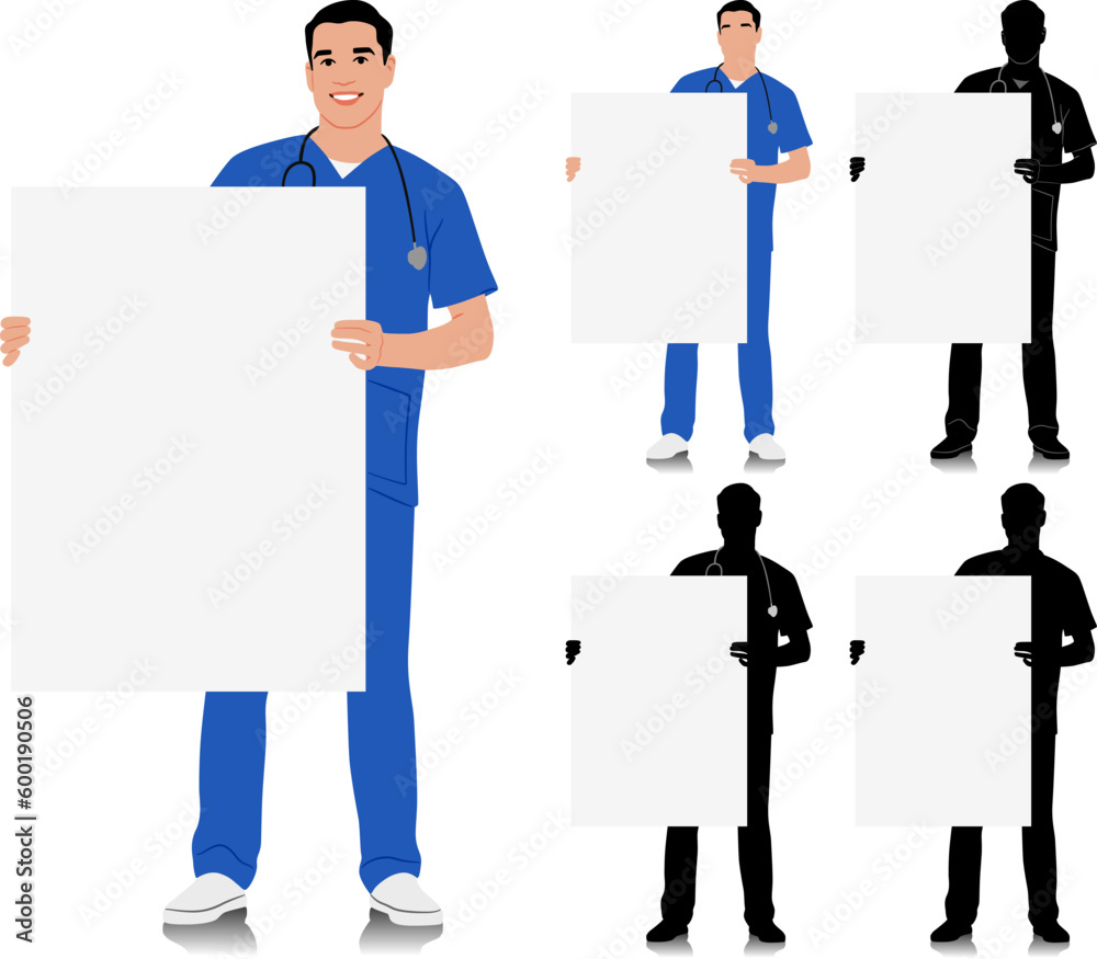 Hand-drawn healthcare worker. Happy smiling doctor with a stethoscope holding sign. Male nurse in blue uniform. Vector flat style illustration set isolated on white. Full length view Hand-drawn healthcare worker. Happy smiling doctor with a stethoscope holding sign. Male nurse in blue uniform. Vector flat style illustration set isolated on white. Full length view