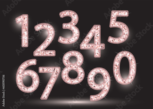 Realistic shining rose gold glitter numbers 1, 2, 3, 4, 5, 6, 7, 8, 9, 0. Set of isolated vector objects one, two, three, four, five, six, seven, eight, nine, zero for decoration, celebration design.