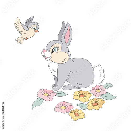 Cute retro cartoon bird and bunny with fluffy tail in floral field. Happy Easter design. Vector illustration isolated on white