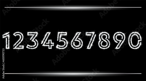 Realistic shining silver glitter numbers 1, 2, 3, 4, 5, 6, 7, 8, 9, 0. Set of isolated vector objects one, two, three, four, five, six, seven, eight, nine, zero for decoration, celebration design.