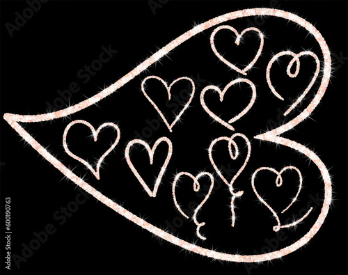 Handdrawn trendy rose champagne glitter line hearts, isolated design objects. Shimmer vector outline..
