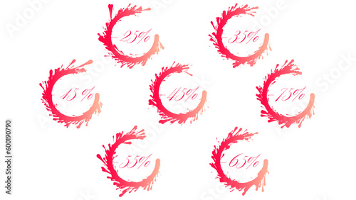 Vector set of vibrant red splatter sale icons 15%, 25%, 35%, 45%, 55%, 65%, 75% off. Discount blots tags, colorful special offer labels. Isolated splash signs for design template.
