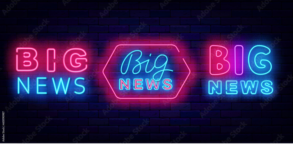 Big news neon labels collection. Glowing signs on brick wall. Great information. Vector stock illustration Big news neon labels collection. Glowing signs on brick wall. Great information. Vector stock illustration
