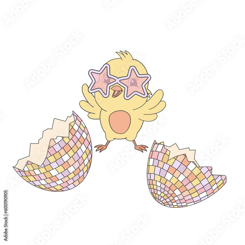 Groovy disco chicken in star shaped sunglasses. Cartoon vector illustration isolated on white.
