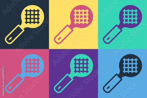 Pop art Tea strainer with handle icon isolated on color background. Metal sieve. Vector