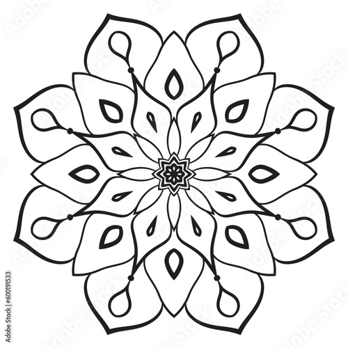 Black outline flower mandala. Doodle round decorative element for coloring book isolated on white background. Floral geometric circle.