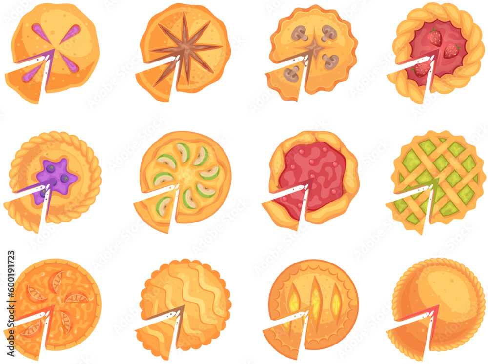 Round fruit pie. Delicious top view tasty bakery desserts exact vector cartoon illustrations