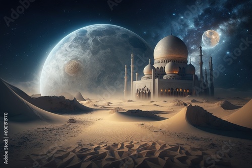 Islamic background with mosque, milkyway, desert and moon elements. Generative AI.
