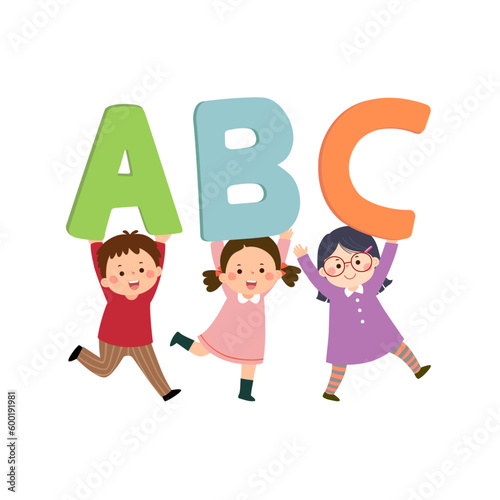 Vector cartoon kids carrying alphabet letters ABC. Back to school concept