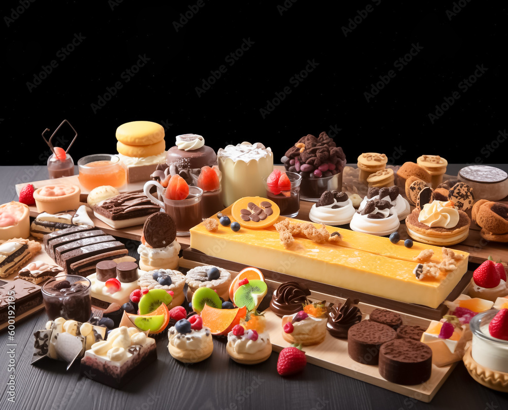 A tower of delectable treats resembling a castle, with a perfect combination of various desserts. Indulge in cakes, waffles and many type of dessert in picture, generative AI. A tower of delectable treats resembling a castle, with a perfect combination of various desserts. Indulge in cakes, waffles and many type of dessert in picture, generative AI.